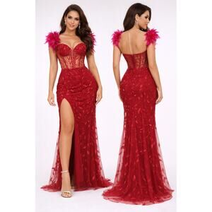 House of Jovelle Evening Gown Maxi Dress Women Medium Red Lace Feather Glam